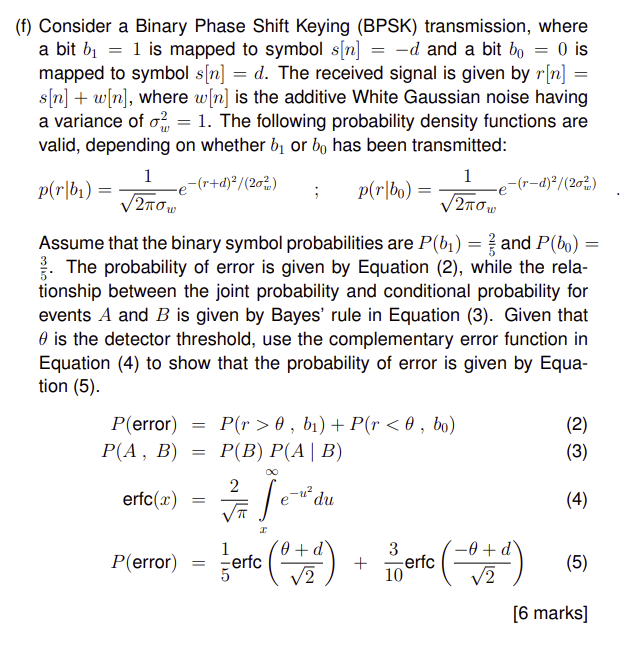 Solved F Consider A Binary Phase Shift Keying Bpsk Chegg