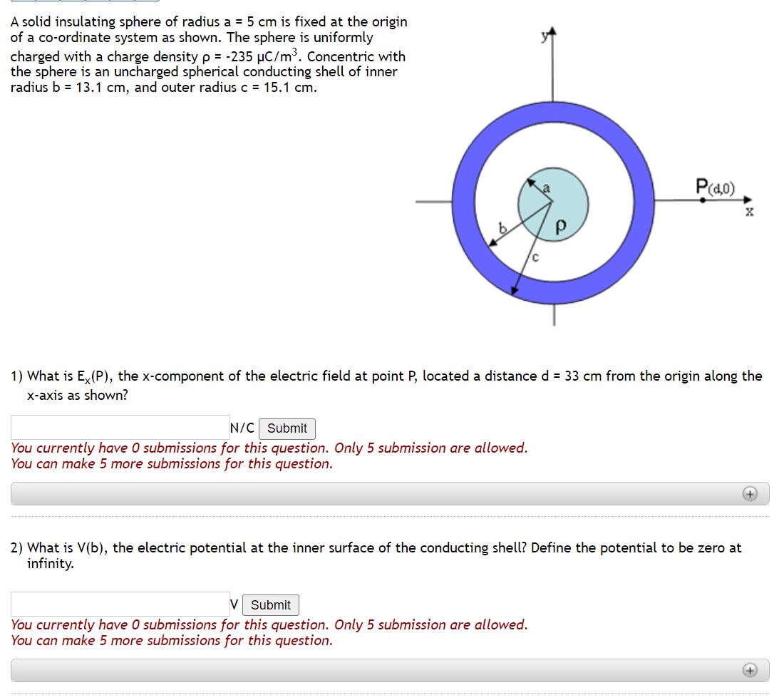 Solved A Solid Insulating Sphere Of Radius A 5 Cm Is Fixed Chegg