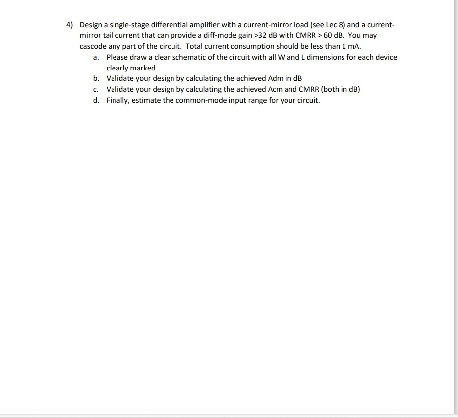 4 Design A Single Stage Differential Amplifier With Chegg