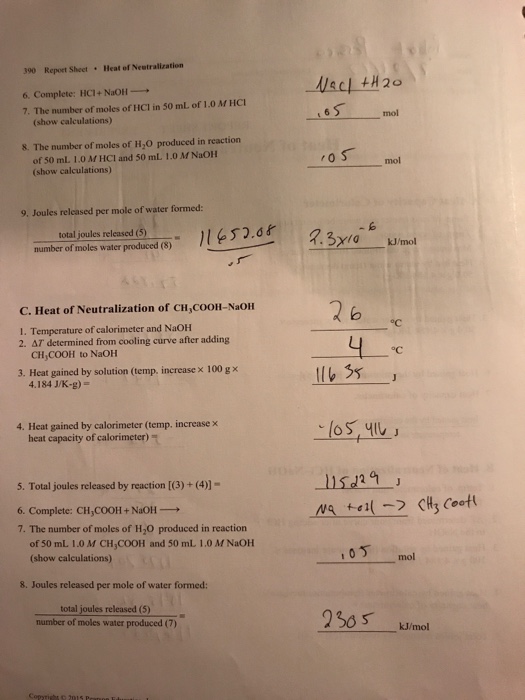 Solved REPORT SHEET EXPERIMENT Heat Of Neutralization 28