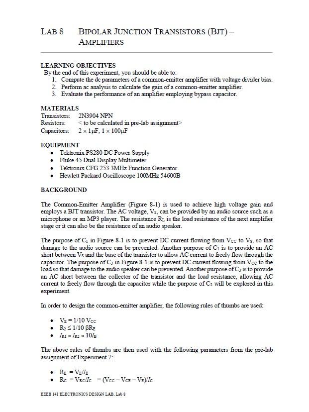Lab Bipolar Junction Transistors Bjt Amplifiers Chegg