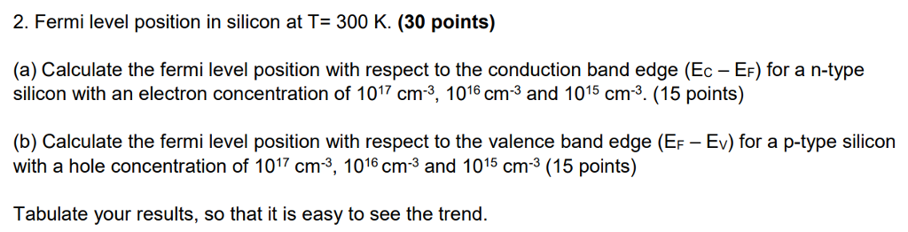 Solved 2 Fermi Level Position In Silicon At T 300 K 30 Chegg