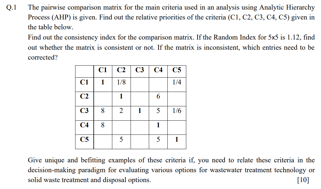 Solved Q The Pairwise Comparison Matrix For The Main Chegg