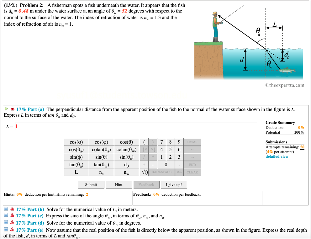 Solved 13 Problem 2 A Fisherman Spots A Fish Undernea Chegg