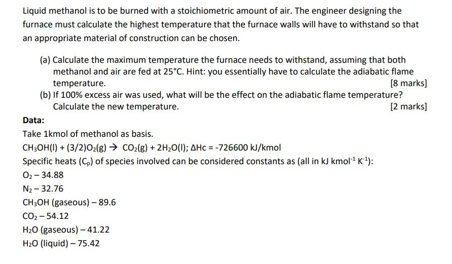 Solved Liquid Methanol Is To Be Burned With A Stoichiometric Chegg