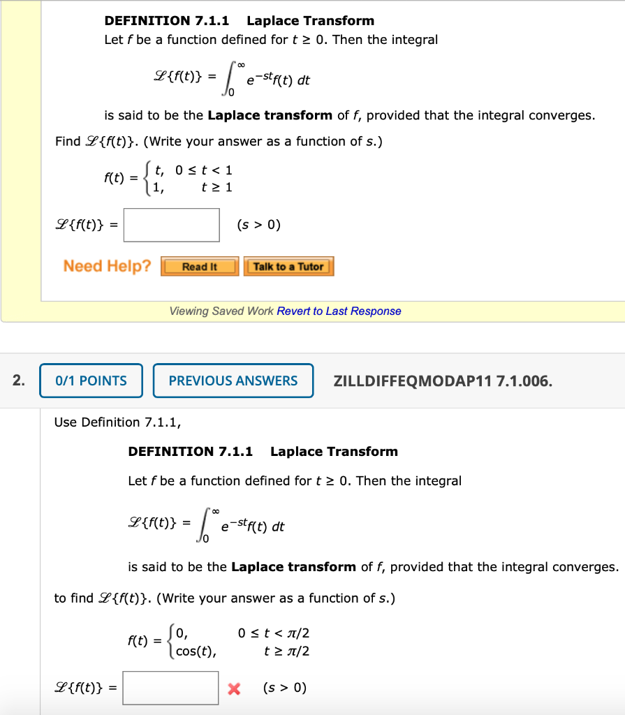 Solved DEFINITION 7 1 1 Laplace Transform Let F Be A Chegg