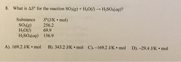 Solved 8 What Is AS For The Reaction SOs G H0 HSO Aq Chegg