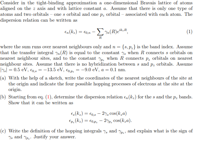 Solved Consider In The Tight Binding Approximation A Chegg