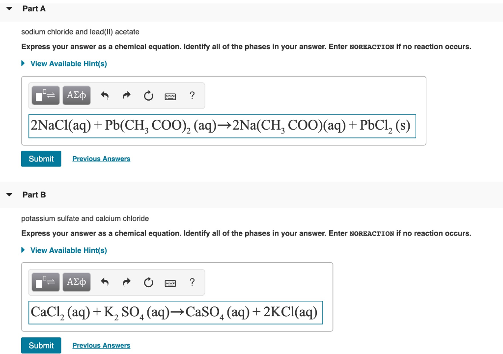 Part A Sodium Chloride And Lead Ii Acetate Express Chegg