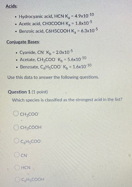 Solved Acids Hydrocyanic Acid HCN Kg 4 9x10 10 Acetic Chegg