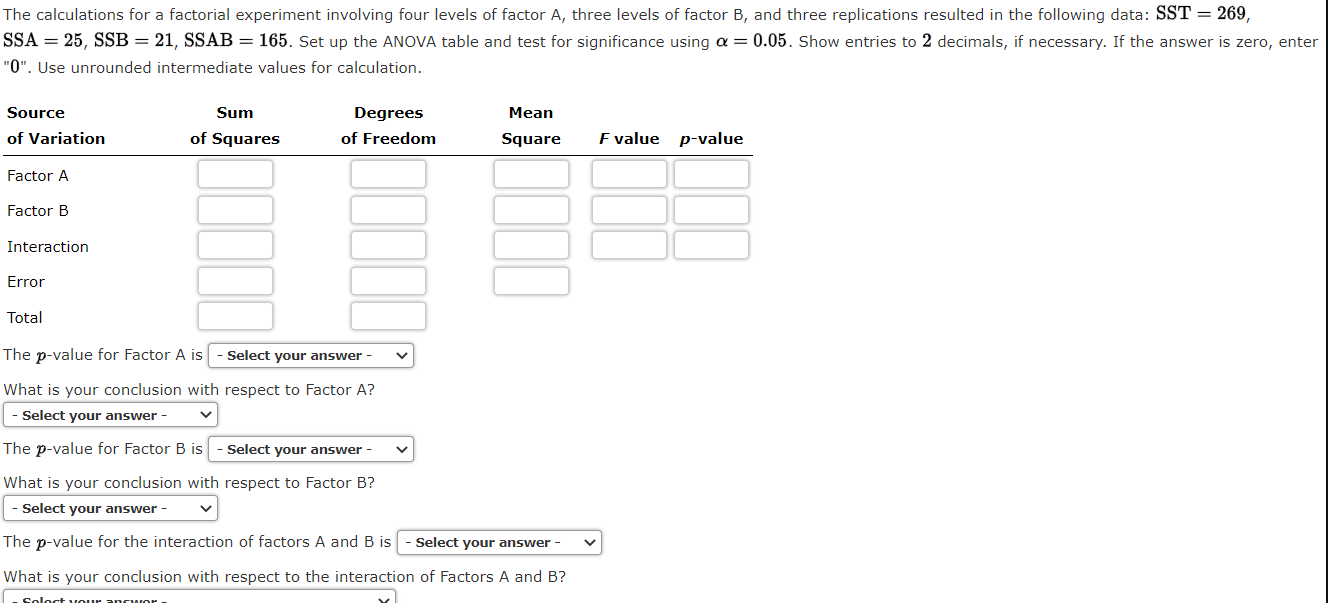 Solved The Calculations For A Factorial Experiment Invo