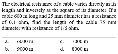 Solved The Electrical Resistance Of A Cable Varies Directly Chegg