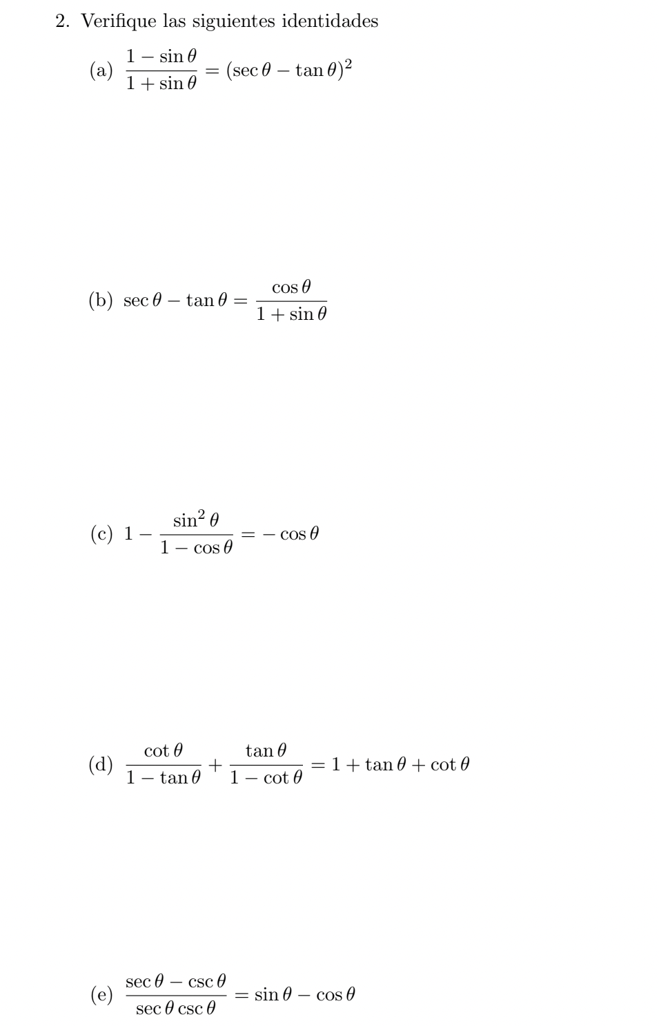 Solved 2 Verifique Las Siguientes Identidades A 1 Sin E Chegg