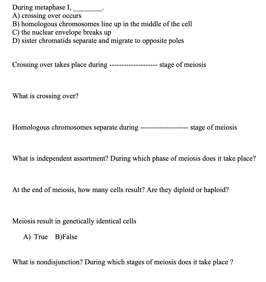 Solved During Metaphase I A Crossing Over Occurs B Chegg