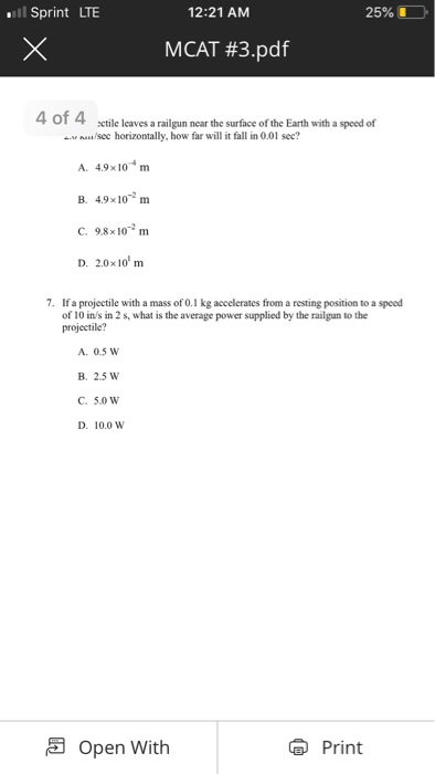 Solved Sprint LTE 12 21 AM 25 I MCAT 3 Pdf Projectile Mass Chegg