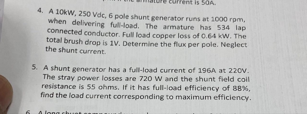 Solved A Kw Vdc Pole Shunt Generator Runs At Chegg