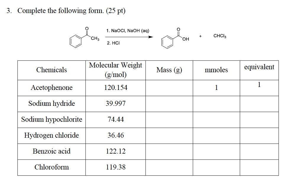 Solved 3 Complete The Following Form 25 Pt 1 NaOCl Chegg