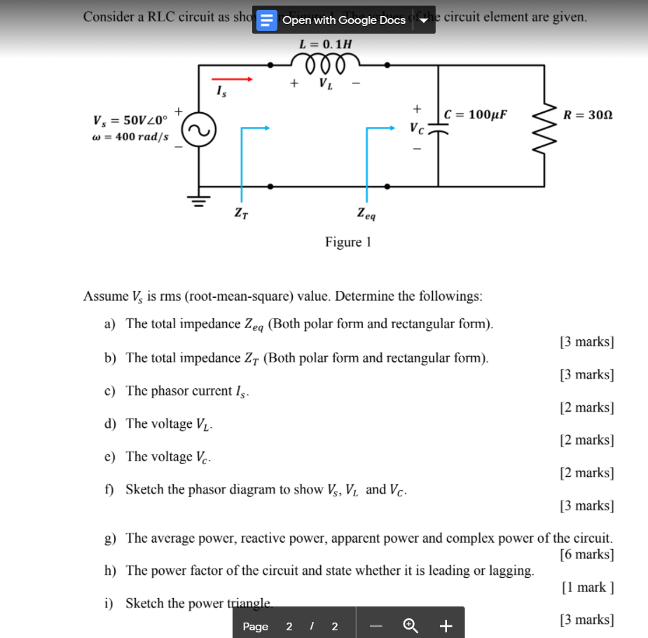 Solved Consider A Rlc Circuit As Sho He Circuit Element Are Chegg