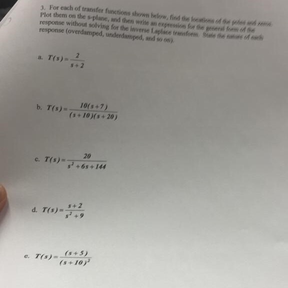 Solved For Each Of Transfer Functions Shown Belrw Ind Chegg