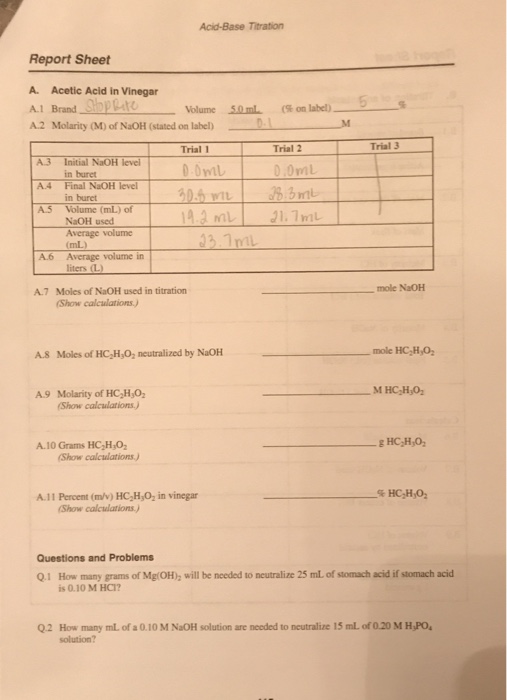 Solved Acid Base Titration Report Sheet A Acetic Acid In Chegg