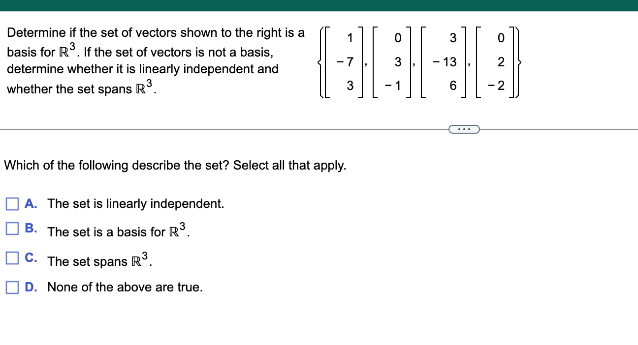 Solved Determine If The Set Of Vectors Shown To The Rig