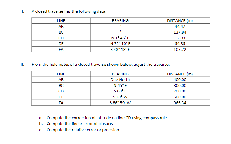 Solved I A Closed Traverse Has The Following Data LINE AB Chegg