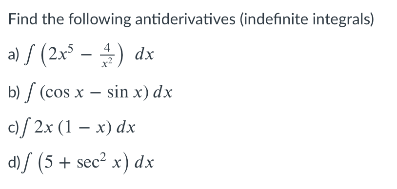 Solved Find The Following Antiderivatives Indefinite Chegg