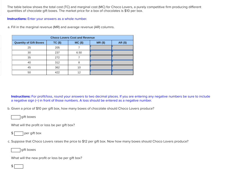 Solved The Table Below Shows The Total Cost Tc And Chegg