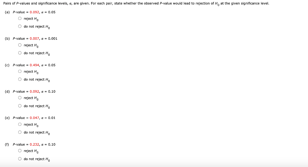 Solved Pairs Of P Values And Significance Levels A Are Chegg