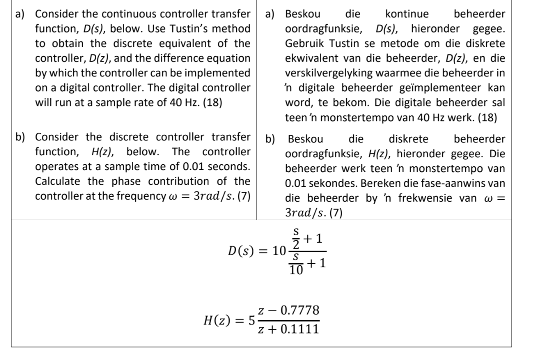 Solved A Consider The Continuous Controller Transfer Chegg