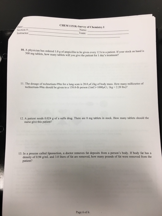 Solved Date Section Instructor CHEM 1151K Survey Of Chegg