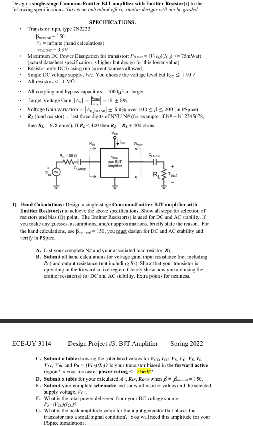 Solved Design A Single Stage Common Emitter BJT Amplifier Chegg