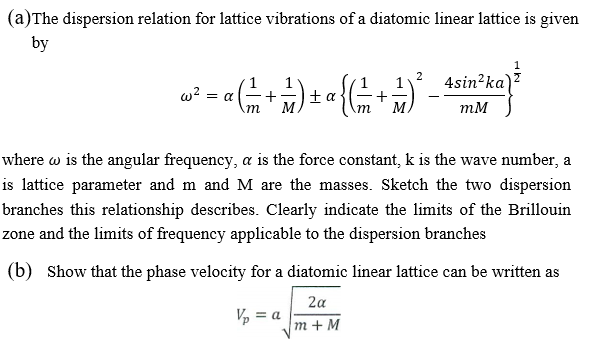 Solved A The Dispersion Relation For Lattice Vibrations Of Chegg