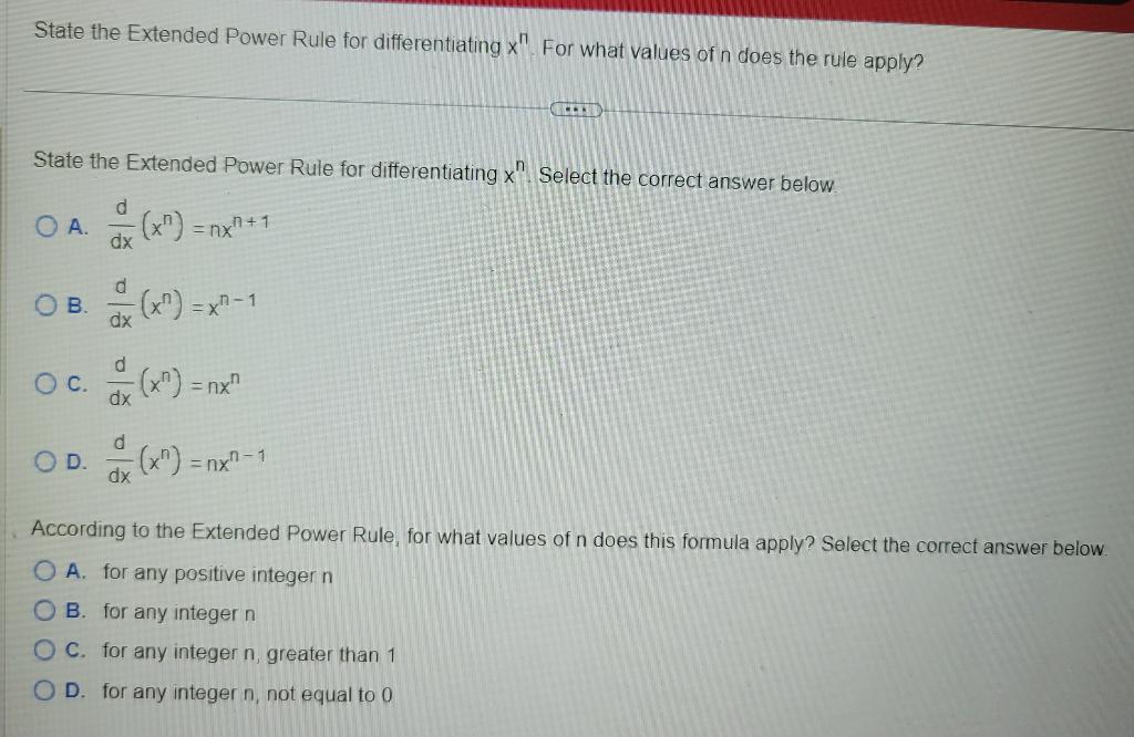 Solved State The Extended Power Rule For Differentiating Xn Chegg