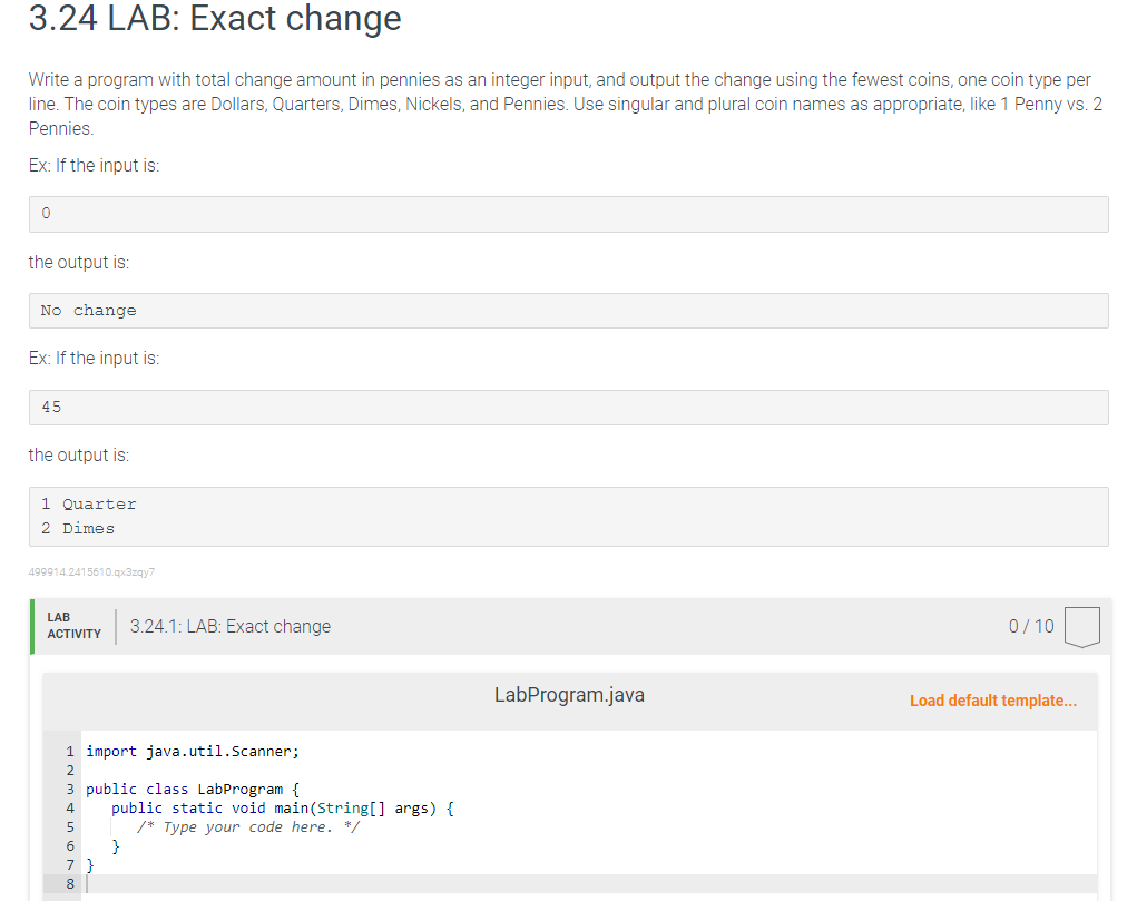 Solved 3 24 LAB Exact Change Java 3 24 LAB Exact Change Chegg