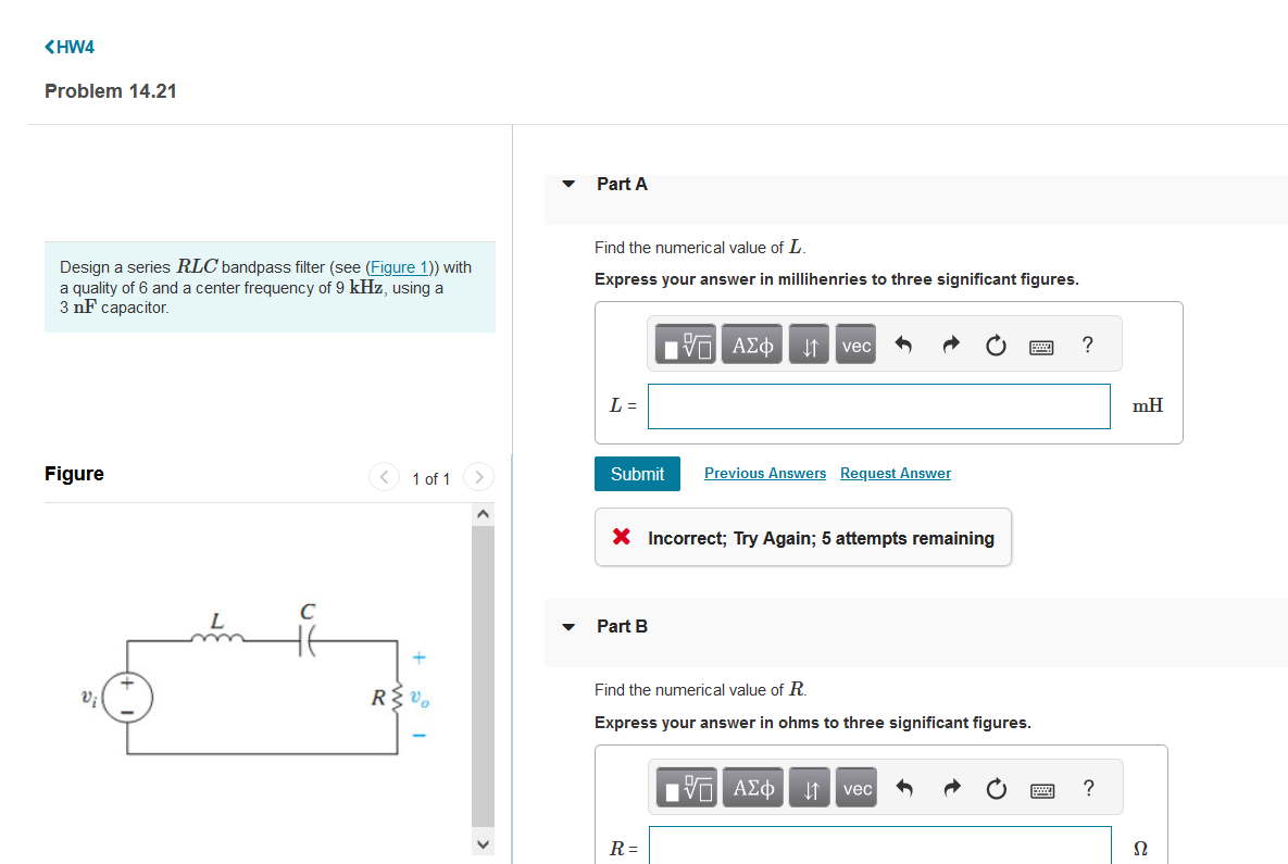 Solved Design A Series Rlc Bandpass Filter See Figure Chegg