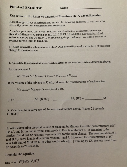 Solved Pre Lab Exercise Name Experiment Rates Of Chegg