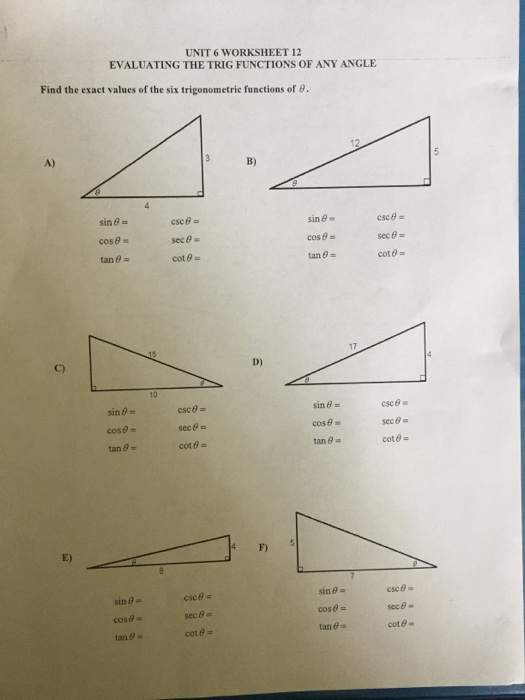 Solved Find The Exact Values Of The Six Trigonometric Fun Chegg