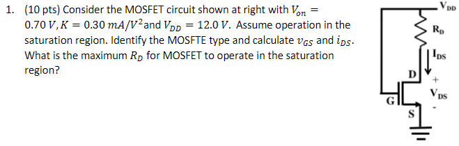 Solved Pts Consider The Mosfet Circuit Shown At Right Chegg