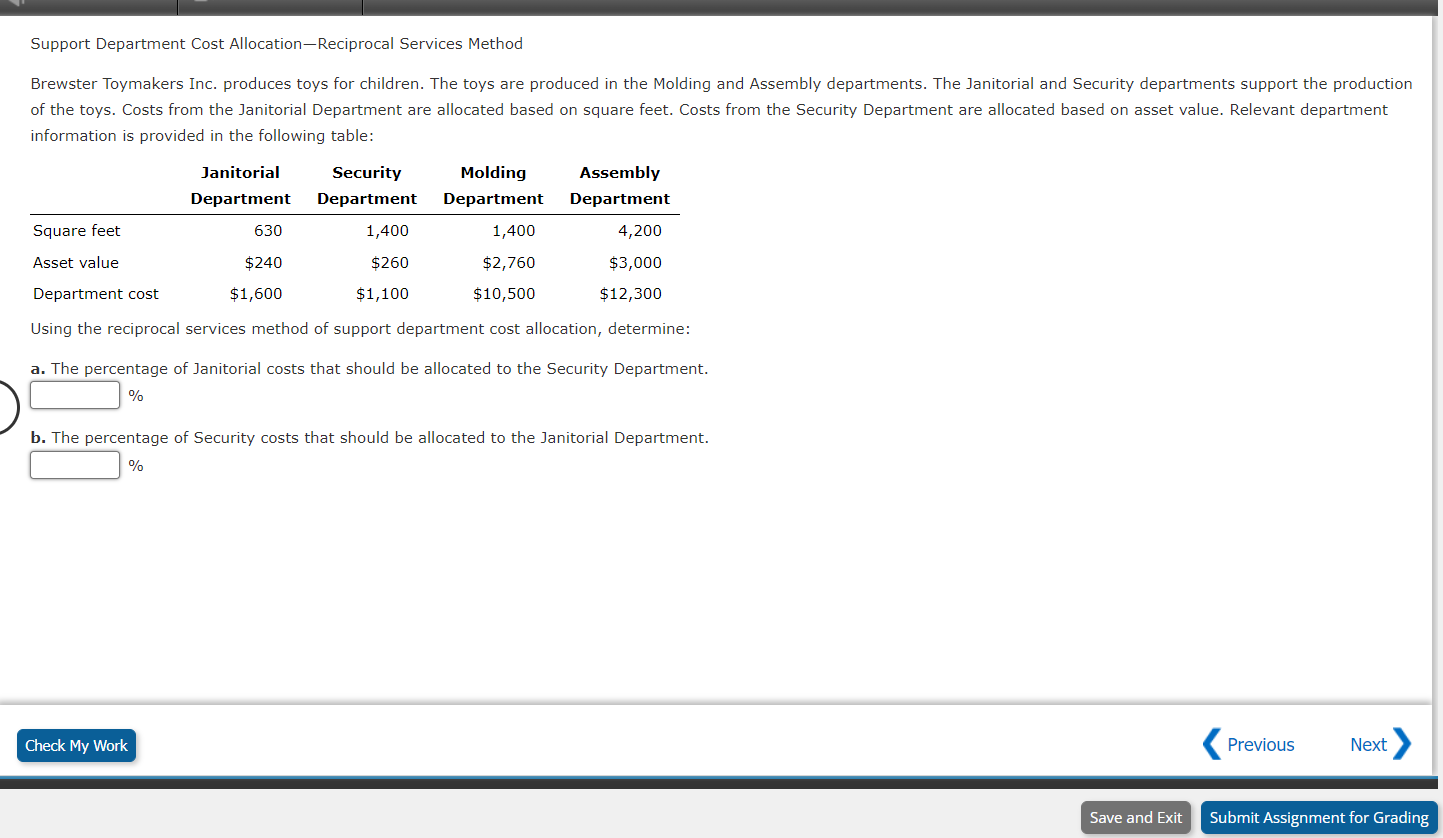 Solved Support Department Cost Allocation Reciprocal Chegg