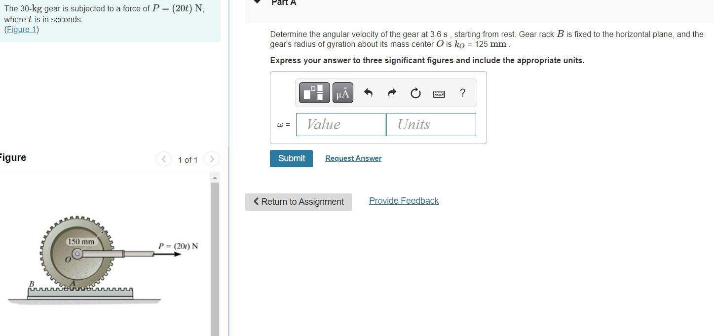 Solved The 30 Kg Gear Is Subjected To A Force Of P 20t N Chegg