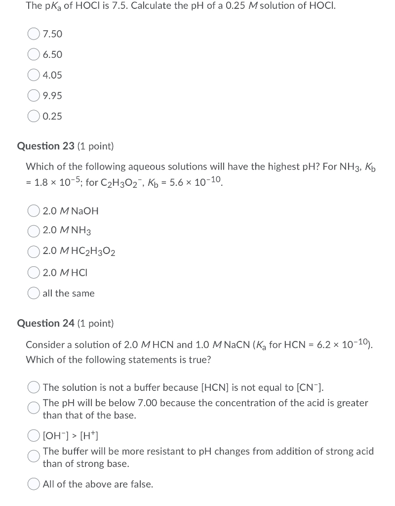 Solved The pką of HOCI is 7 5 Calculate the pH of a 0 25 M Chegg