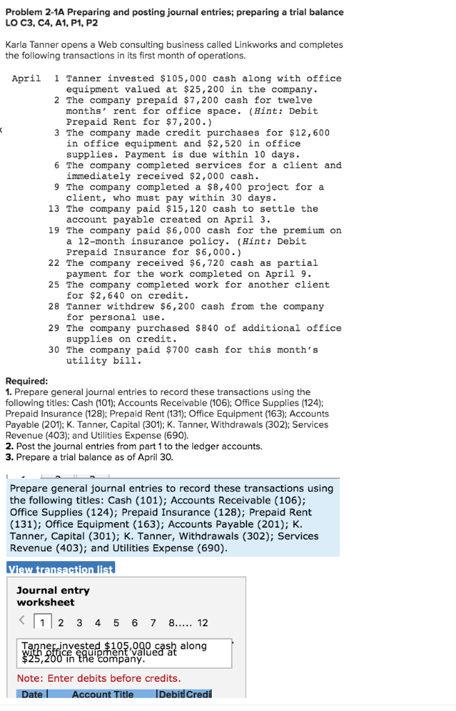 Solved Problem A Preparing And Posting Journal Entries Chegg