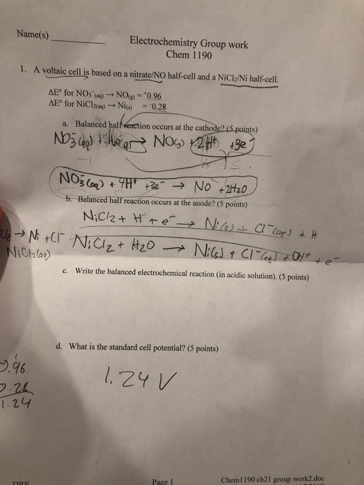 Solved Name S Electrochemistry Group Work Chem 1190 1 A Chegg