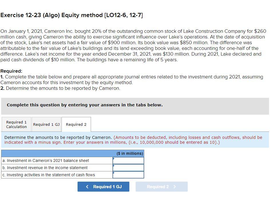 Solved Exercise 12 23 Algo Equity Method LO12 6 12 7 On Chegg