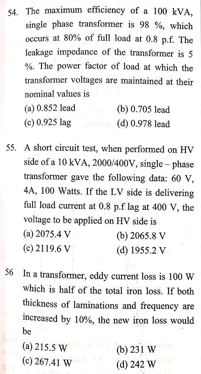 Solved 54 The Maximum Efficiency Of A 100 KVA Single Phase Chegg