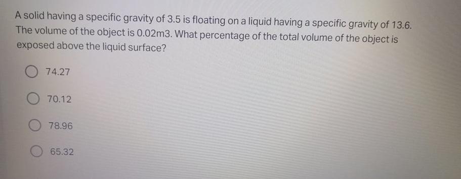 Solved A Solid Having A Specific Gravity Of Is Floating Chegg