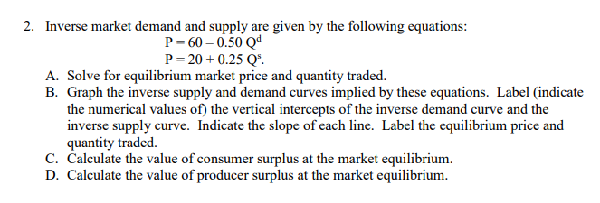 Solved Inverse Market Demand And Supply Are Given By The Chegg