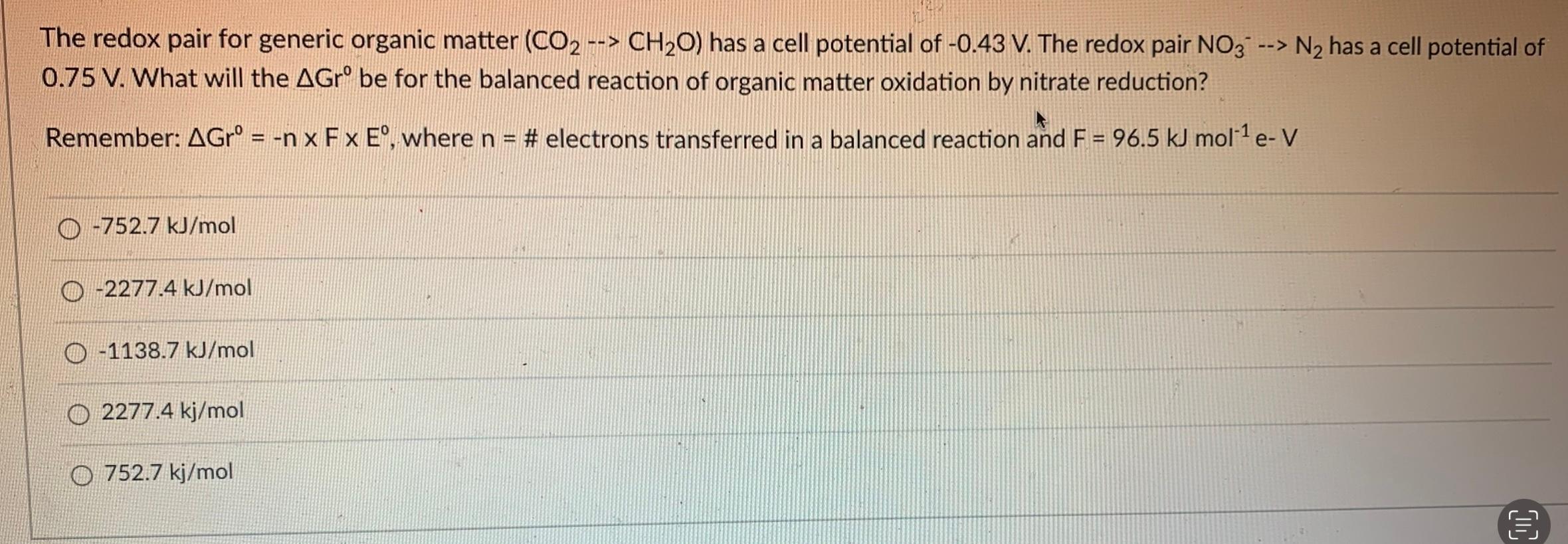 Solved The Redox Pair For Generic Organic Matter Co Ch O Chegg