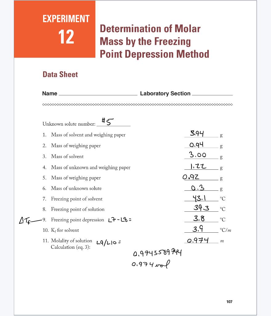 Solved EXPERIMENT 12 Determination Of Molar Mass By The Chegg